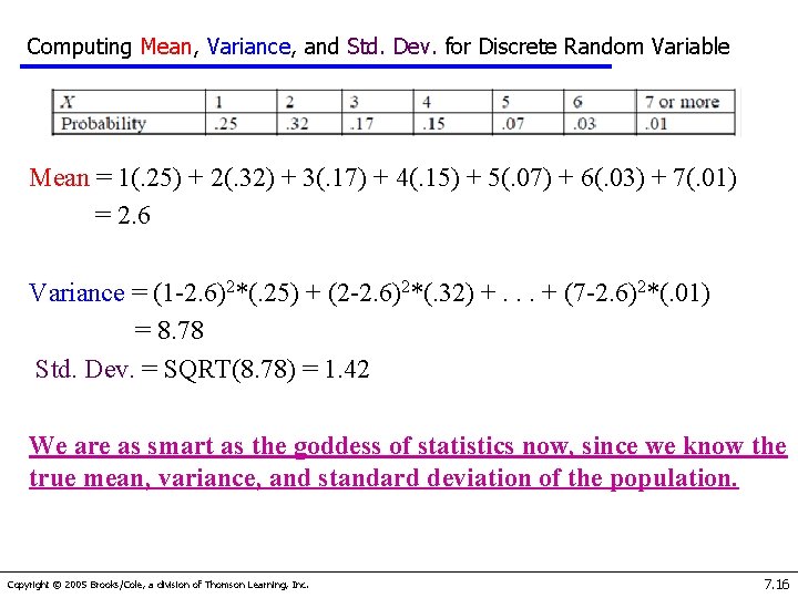 Computing Mean, Variance, and Std. Dev. for Discrete Random Variable Mean = 1(. 25)