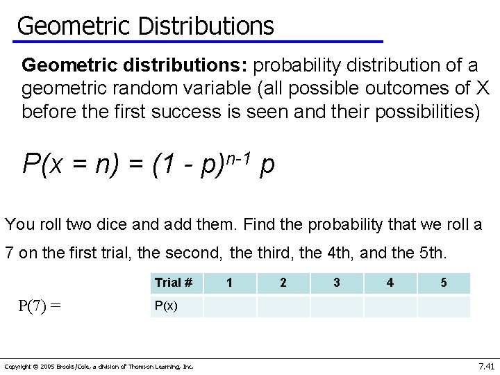 Geometric Distributions Geometric distributions: probability distribution of a geometric random variable (all possible outcomes