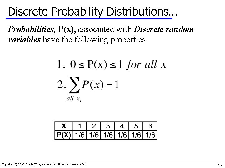Discrete Probability Distributions… Probabilities, P(x), associated with Discrete random variables have the following properties.