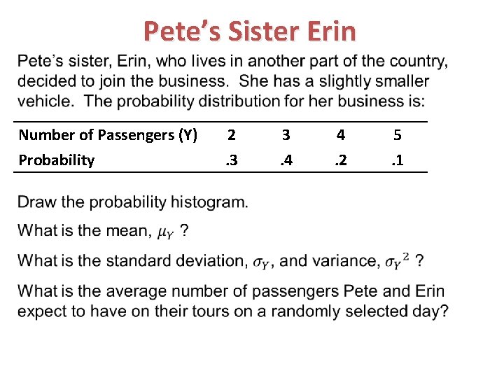 Pete’s Sister Erin Number of Passengers (Y) Probability 2. 3 3. 4 4. 2
