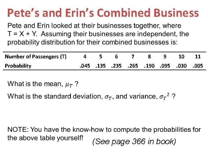 Pete’s and Erin’s Combined Business Number of Passengers (T) Probability 4 5 6 .