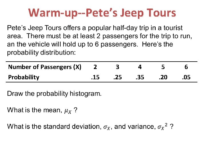 Warm-up--Pete’s Jeep Tours Number of Passengers (X) Probability 2. 15 3. 25 4. 35