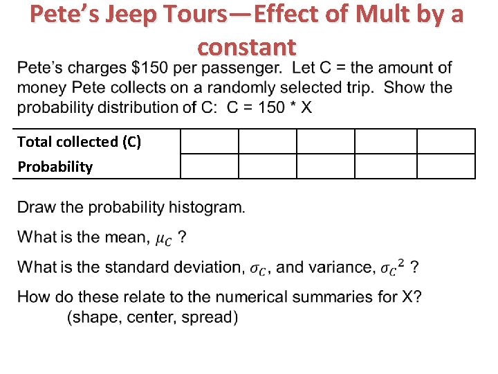 Pete’s Jeep Tours—Effect of Mult by a constant Total collected (C) Probability 