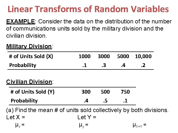 Linear Transforms of Random Variables EXAMPLE: Consider the data on the distribution of the