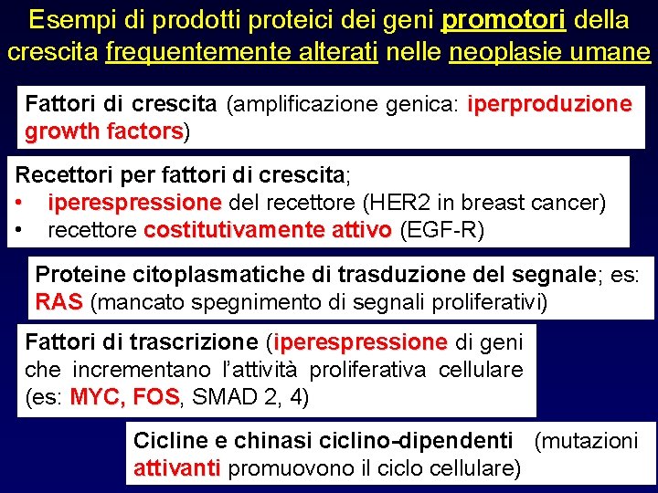 Esempi di prodotti proteici dei geni promotori della crescita frequentemente alterati nelle neoplasie umane
