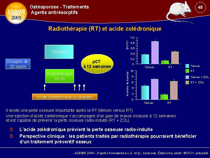 Ostéoporose - Traitements Agents antirésorptifs 45 Radiothérapie (RT) et acide zolédronique BV/TV 1, 0
