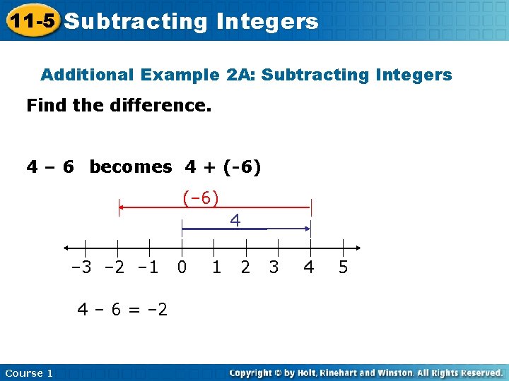 11 -5 Subtracting Integers Additional Example 2 A: Subtracting Integers Find the difference. 4