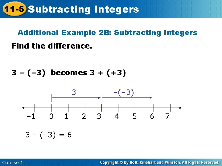 11 -5 Subtracting Integers Additional Example 2 B: Subtracting Integers Find the difference. 3