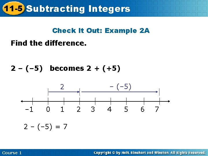 11 -5 Subtracting Integers Check It Out: Example 2 A Find the difference. 2