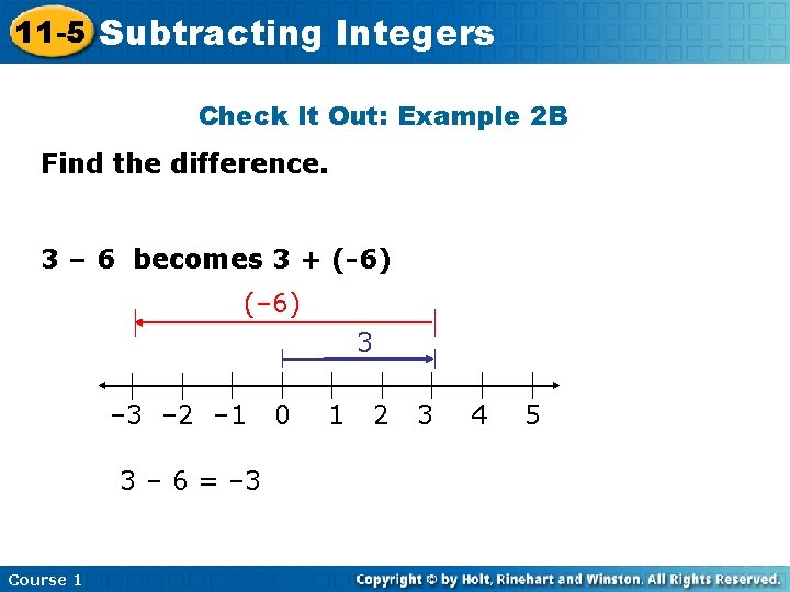 11 -5 Subtracting Integers Check It Out: Example 2 B Find the difference. 3
