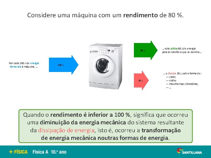 Considere uma máquina com um rendimento de 80 %. 80 J Por cada 100