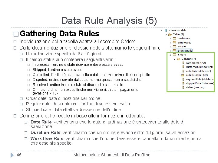 Data Rule Analysis (5) � Gathering � � Individuazione della tabella adatta all’esempio: Orders
