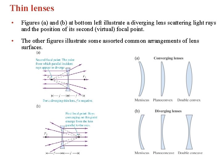 Thin lenses • Figures (a) and (b) at bottom left illustrate a diverging lens