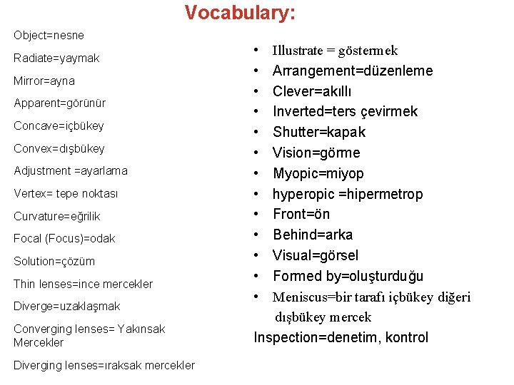 Vocabulary: Object=nesne Radiate=yaymak Mirror=ayna Apparent=görünür Concave=içbükey Convex=dışbükey Adjustment =ayarlama Vertex= tepe noktası Curvature=eğrilik Focal Vocabulary: Object=nesne Radiate=yaymak Mirror=ayna Apparent=görünür Concave=içbükey Convex=dışbükey Adjustment =ayarlama Vertex= tepe noktası Curvature=eğrilik Focal