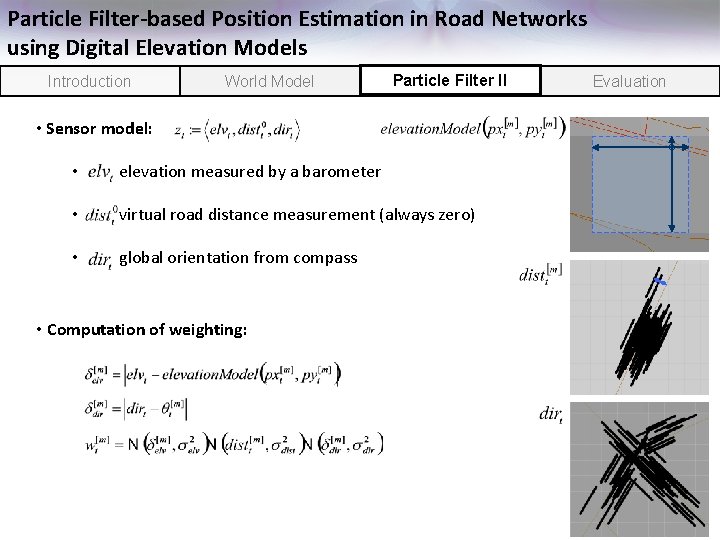 Particle Filter-based Position Estimation in Road Networks using Digital Elevation Models Introduction World Model