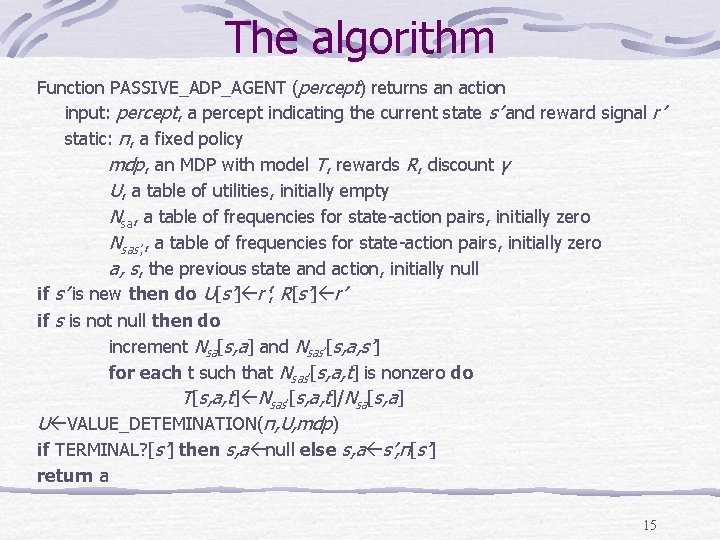 The algorithm Function PASSIVE_ADP_AGENT (percept) returns an action input: percept, a percept indicating the