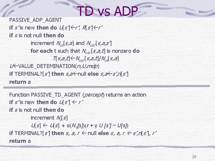 TD vs ADP PASSIVE_ADP_AGENT if s’ is new then do U[s’] r’; R[s’] r’