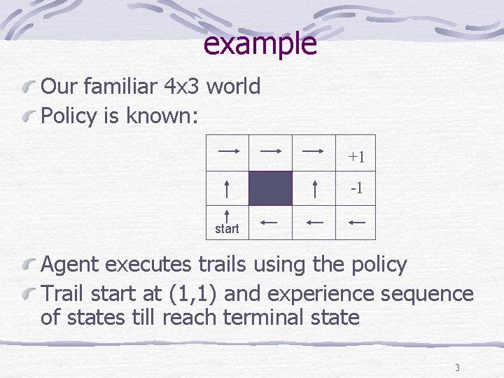 example Our familiar 4 x 3 world Policy is known: +1 -1 start Agent