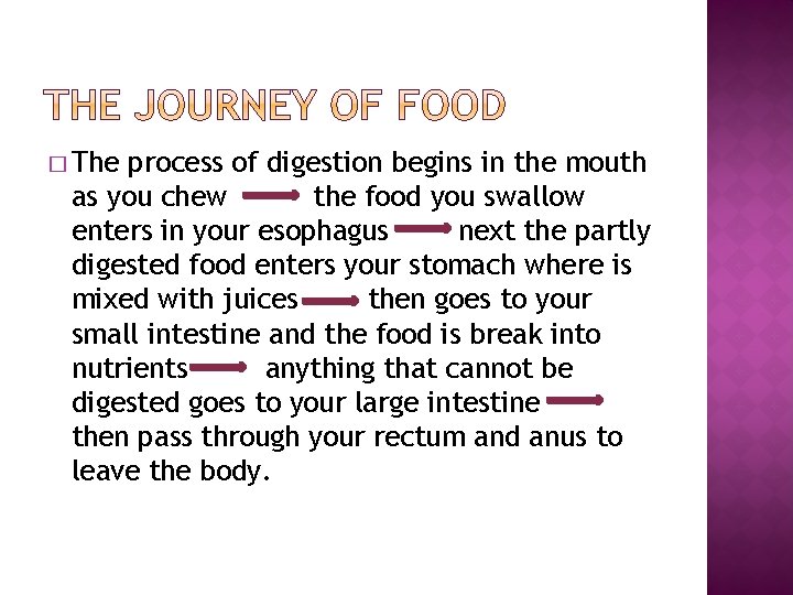 � The process of digestion begins in the mouth as you chew the food