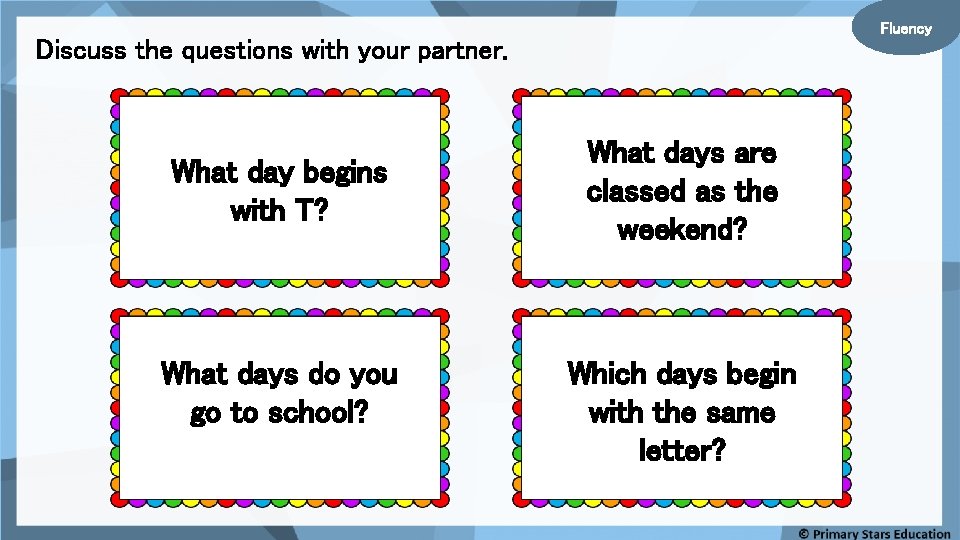 Fluency Discuss the questions with your partner. What day begins with T? What days