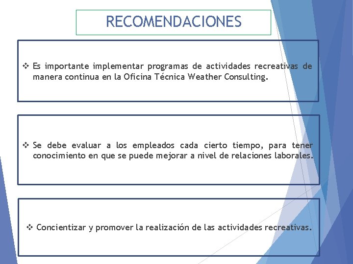 RECOMENDACIONES v Es importante implementar programas de actividades recreativas de manera continua en la