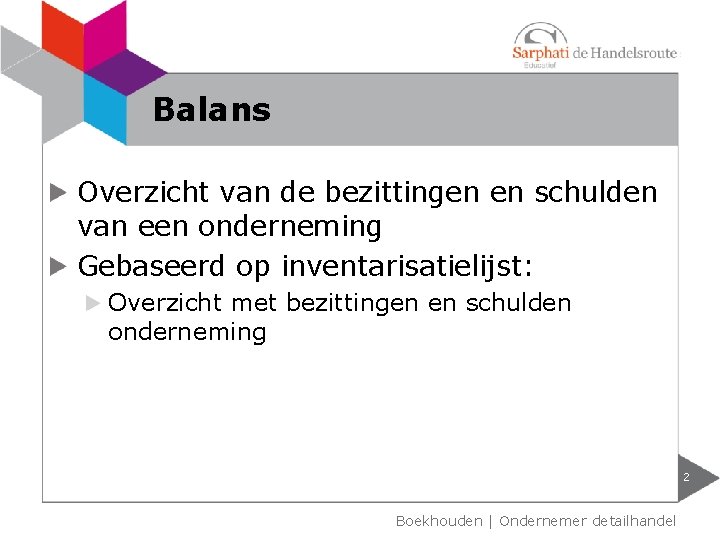 Balans Overzicht van de bezittingen en schulden van een onderneming Gebaseerd op inventarisatielijst: Overzicht