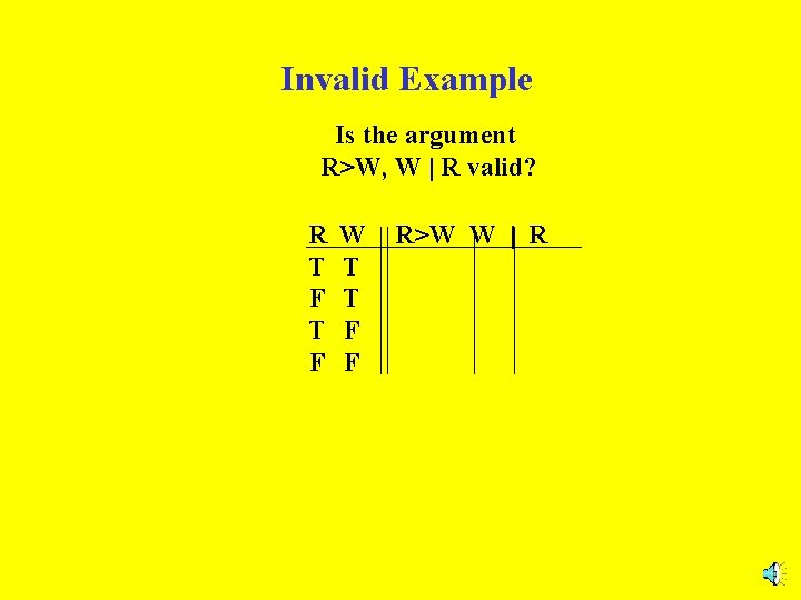 Invalid Example Is the argument R>W, W | R valid? R T F W Invalid Example Is the argument R>W, W | R valid? R T F W