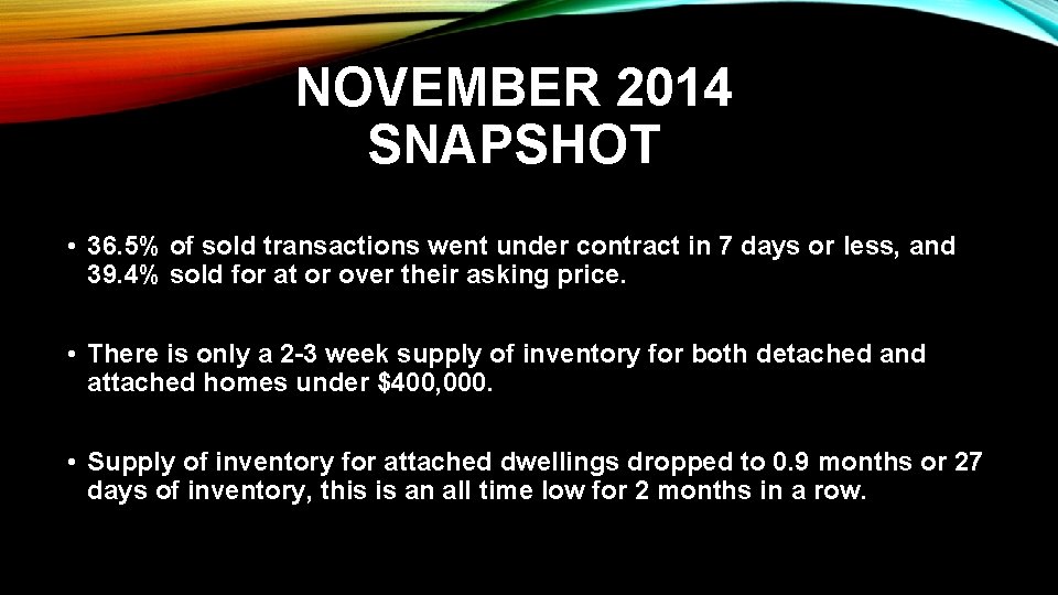 NOVEMBER 2014 SNAPSHOT • 36. 5% of sold transactions went under contract in 7