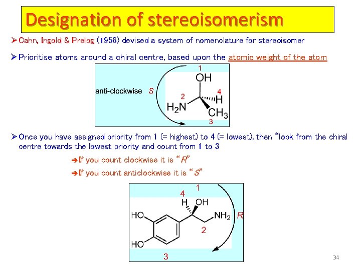 Designation of stereoisomerism Ø Cahn, Ingold & Prelog (1956) devised a system of nomenclature