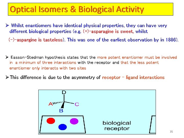 Optical Isomers & Biological Activity Ø Whilst enantiomers have identical physical properties, they can