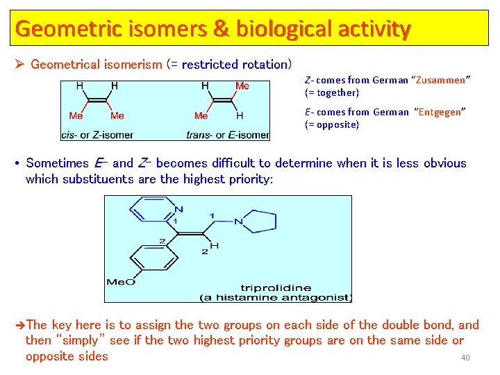 Geometric isomers & biological activity Ø Geometrical isomerism (= restricted rotation) Z- comes from