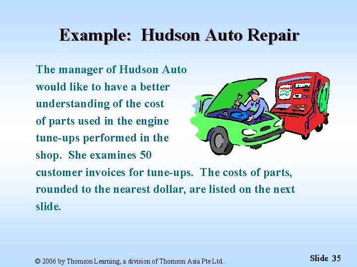 Example: Hudson Auto Repair The manager of Hudson Auto would like to have a