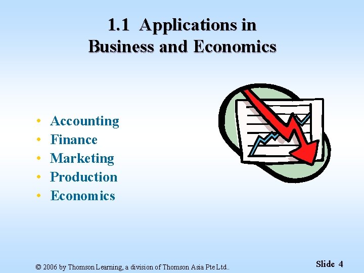 1. 1 Applications in Business and Economics • • • Accounting Finance Marketing Production