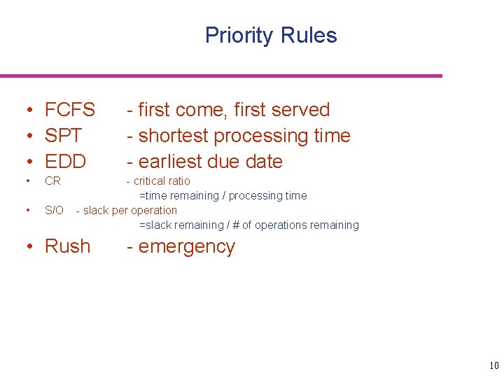 Priority Rules • FCFS • SPT • EDD • CR • S/O - first
