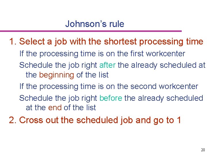 Johnson’s rule 1. Select a job with the shortest processing time If the processing