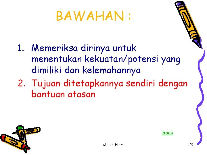 BAWAHAN : 1. Memeriksa dirinya untuk menentukan kekuatan/potensi yang dimiliki dan kelemahannya 2. Tujuan