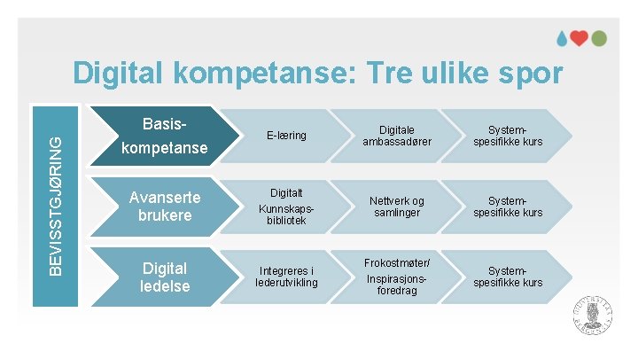 Digital kompetanse: Tre ulike spor BEVISSTGJØRING Basis- E-læring Digitale ambassadører Systemspesifikke kurs Avanserte brukere