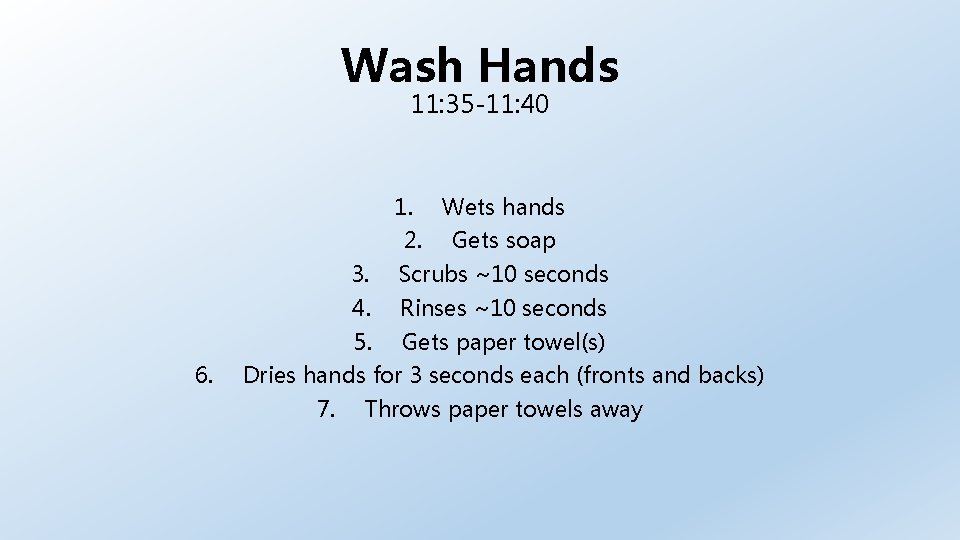 Wash Hands 11: 35 -11: 40 1. 2. 6. Wets hands Gets soap 3.