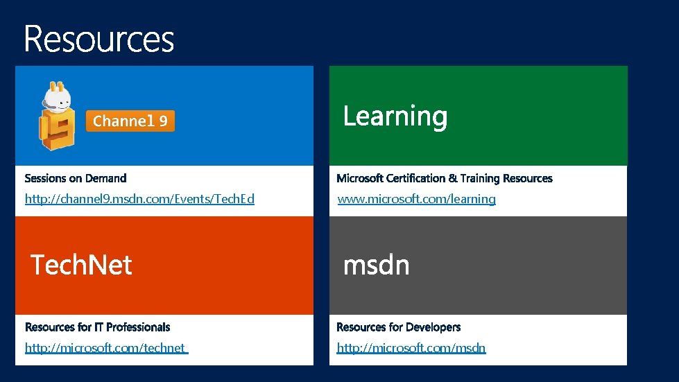 http: //channel 9. msdn. com/Events/Tech. Ed www. microsoft. com/learning http: //microsoft. com/technet http: //microsoft.