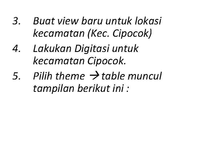 3. 4. 5. Buat view baru untuk lokasi kecamatan (Kec. Cipocok) Lakukan Digitasi untuk