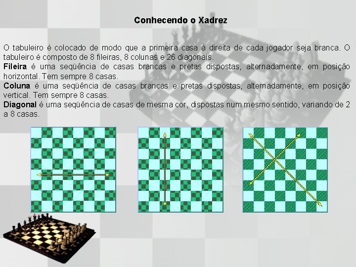 Conhecendo o Xadrez O tabuleiro é colocado de modo que a primeira casa à