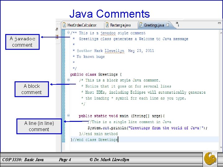 Java Comments A javadoc comment A block comment A line (in line) comment COP