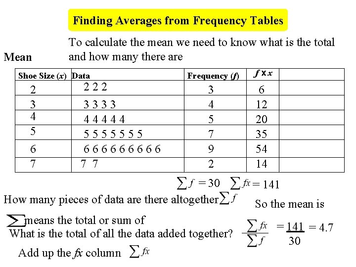 Finding Averages from Frequency Tables Mean To calculate the mean we need to know