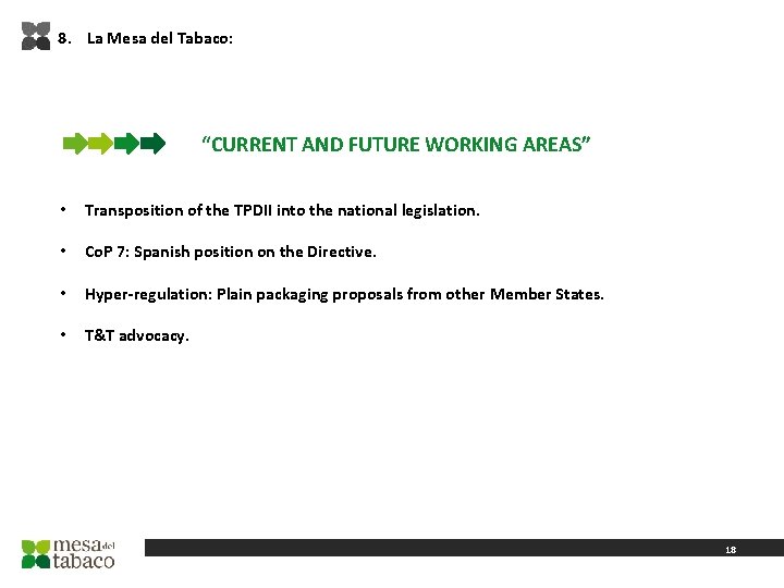 8. La Mesa del Tabaco: “CURRENT AND FUTURE WORKING AREAS” • Transposition of the
