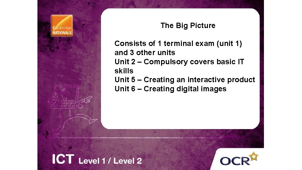 The Big Picture Consists of 1 terminal exam (unit 1) and 3 other units