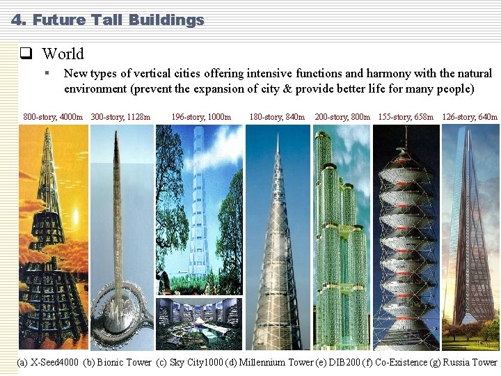 4. Future Tall Buildings q World § New types of vertical cities offering intensive