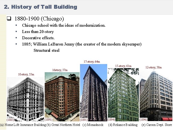 2. History of Tall Building q 1880 -1900 (Chicago) § § Chicago school with