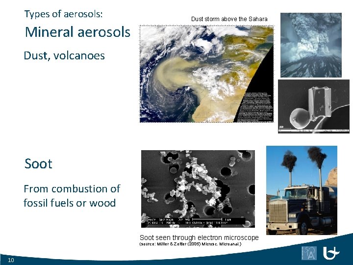 Types of aerosols: Mineral aerosols Dust storm above the Sahara Dust, volcanoes Soot From