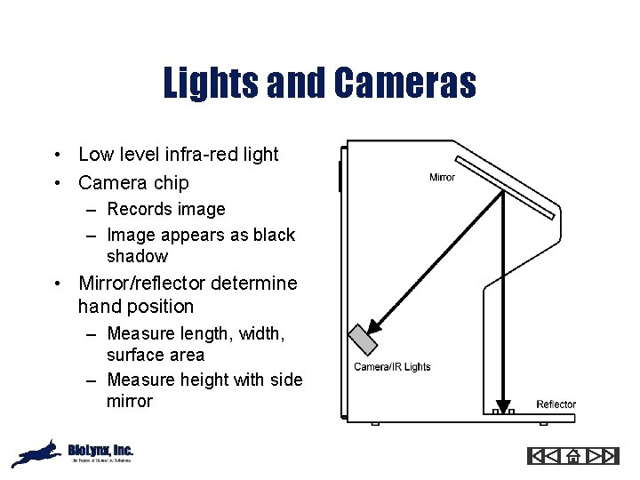 Lights and Cameras • Low level infra-red light • Camera chip – Records image