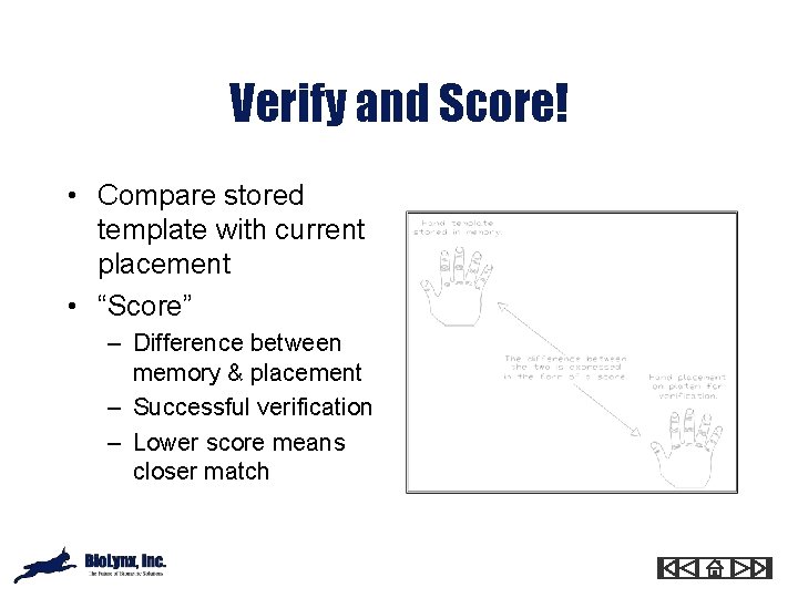 Verify and Score! • Compare stored template with current placement • “Score” – Difference